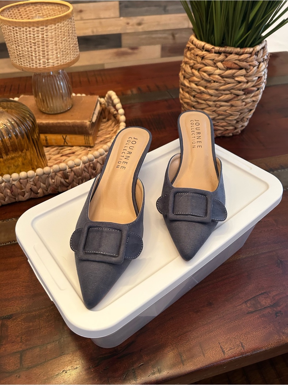 Journee Collection Slate Blue Pointed Buckle Mules